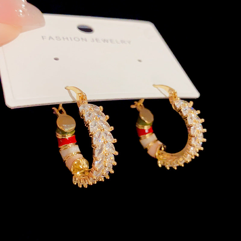 Bông Tai Khoen Lá Đá Trắng Phối Tròn Sắc Màu