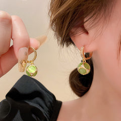 Bông Tai Khoen Tròn Phối Đá Mắt Mèo Xanh Lá Nhiều Mặt