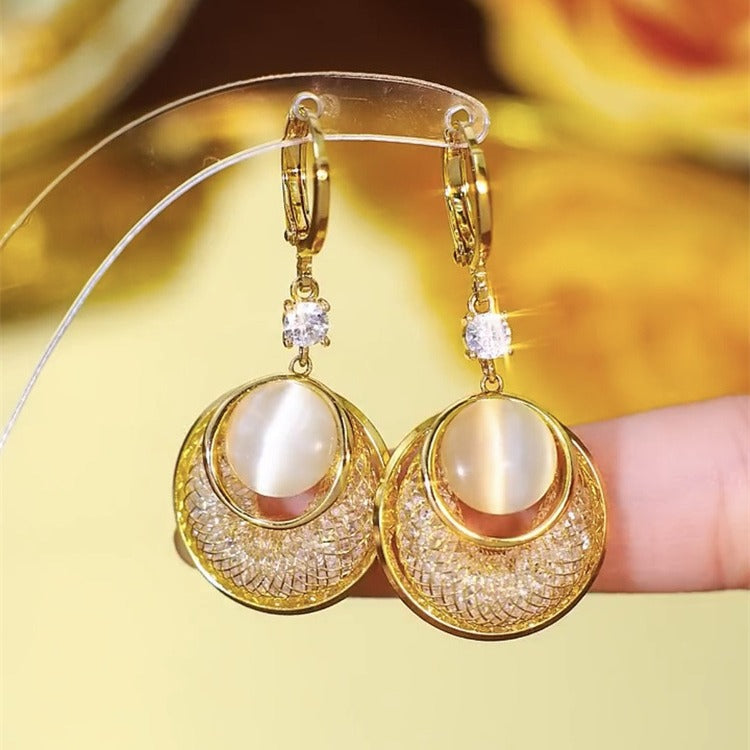 BÔNG TAI KHOEN TÒN TENG TRÒN ĐÔI ĐÁ MẮT MÈO PHỐI LƯỚI ĐÁ SÁNG