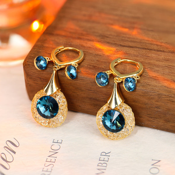 BÔNG TAI KHOEN TÒN TENG MẶT ĐÁ TRÒN COBAN VIỀN PHỐI LƯỚI ĐÁ SÁNG ĐỘC ĐÁO