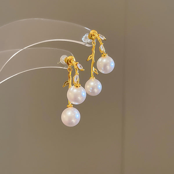 BÔNG TAI TÒN TENG DÁNG LÁ RƠI ĐÍNH ĐÁ PHỐI 1 HẠT TRAI TRƯỚC SAU