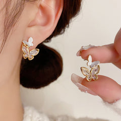 Bông Tai Cánh Bướm Đôi Phối Đá Trắng Siêu Yêu