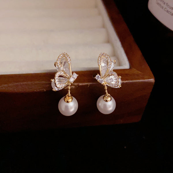 Bông Tai Tòn Teng Cánh Bướm Đính Đá Trắng Phối Hạt Trai 2 Màu