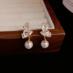 Bông Tai Tòn Teng Cánh Bướm Đính Đá Trắng Phối Hạt Trai 2 Màu