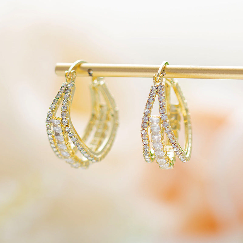 Bông Tai Khoen Vuông Đính Đá Trắng 3 Lớp Cá Tính