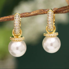 Bông Tai Tòn Teng Khoen Tròn Đính Đá Phối 1 Hạt Trai Cao Cấp