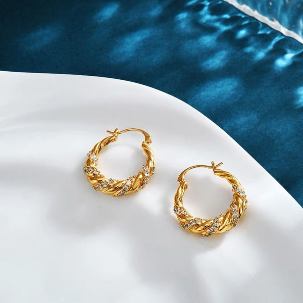 Bông Tai Khoen Tròn Uốn Đính Đá Trắng