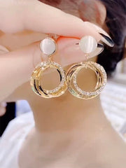 Bông Tai Tòn Teng Tròn Nhiều Lớp Đính Đá Phối Đá Mắt Mèo