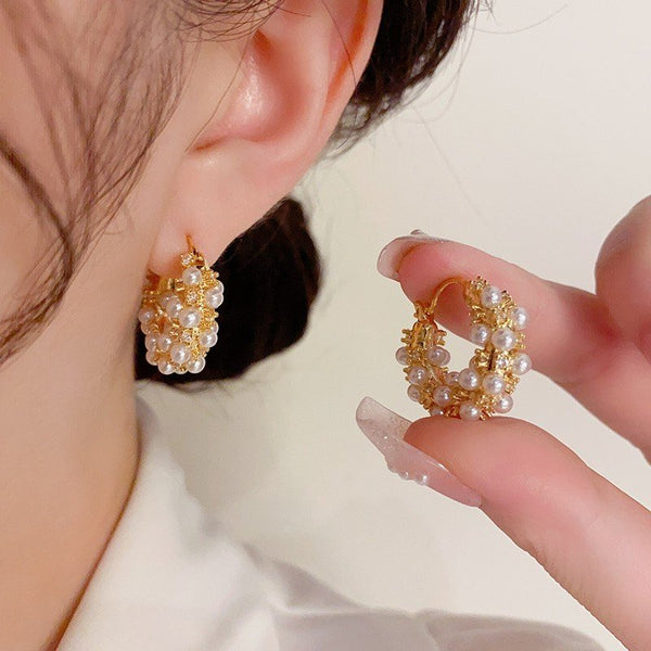 Bông Tai Khoen Phối Hạt Trai Đính Đá Trắng Đan Xen Lạ Mắt