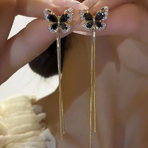 Bông Tai Tòn Teng Hình Bướm Đá Đen Tua Rua 2 Kiểu Nữ Tính