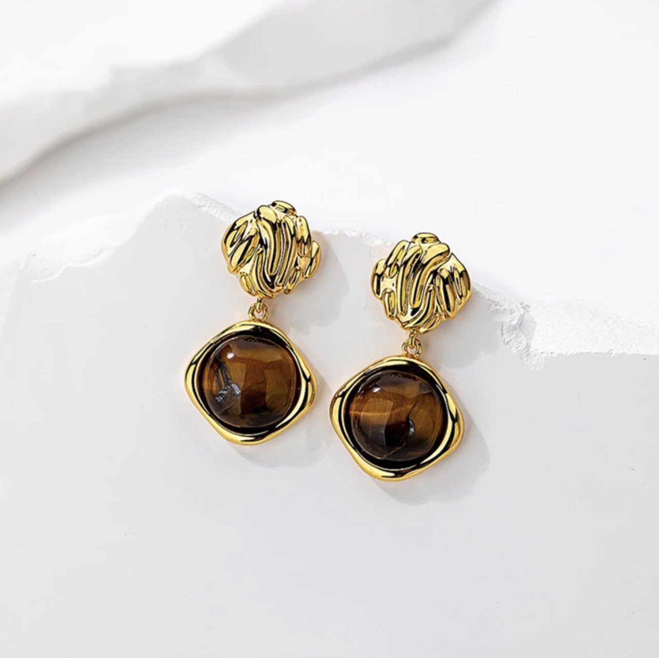 Bông Tai Tòn Teng Hình Học Đá Mắt Mèo Nâu Trầm Thời Trang