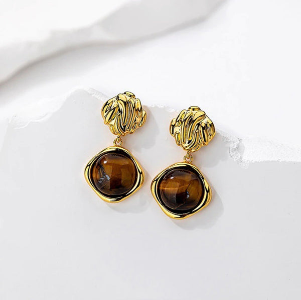 Bông Tai Tòn Teng Hình Học Đá Mắt Mèo Nâu Trầm Thời Trang