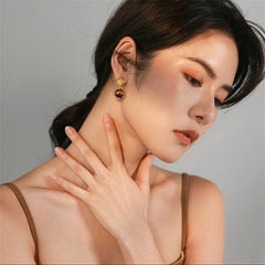 Bông Tai Tòn Teng Hình Học Đá Mắt Mèo Nâu Trầm Thời Trang