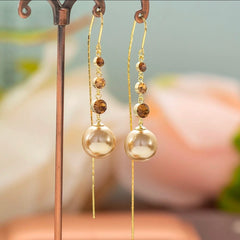 Bông Tai Tòn Teng Hạt Nâu Phối 3 Hạt Đá Dáng Dài