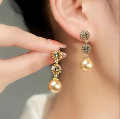 Bông Tai Tòn Teng 2 Hạt Đá Phối Hạt Trai Nâu Cùng Màu