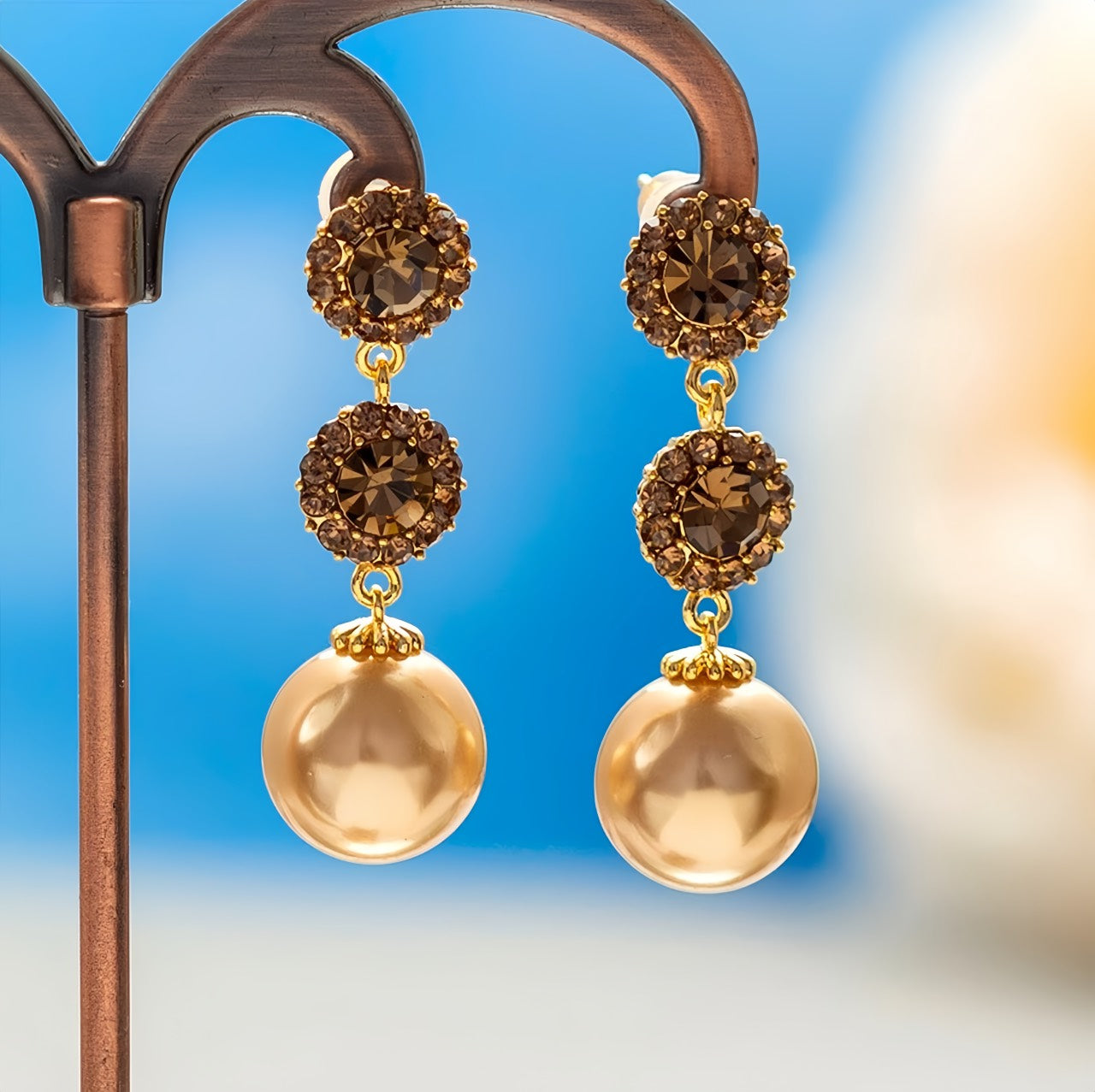 Bông Tai Tòn Teng 2 Hạt Đá Phối Hạt Trai Nâu Cùng Màu