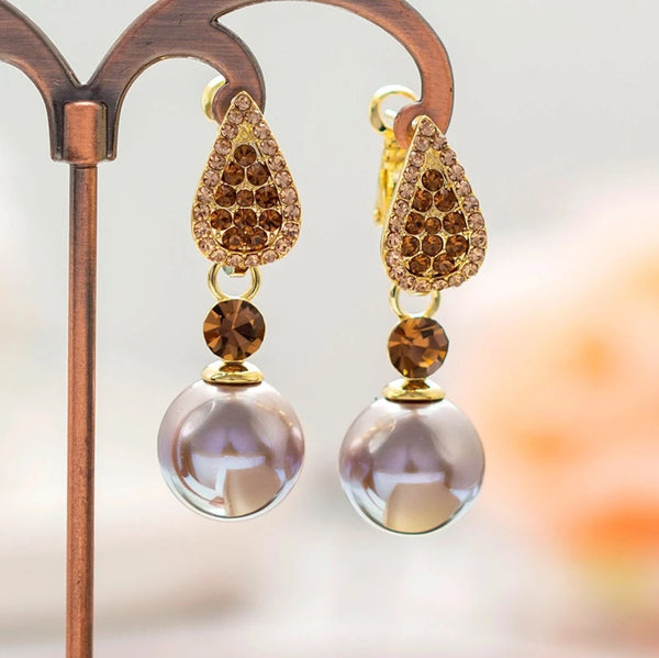 Bông Tai Khoen Giọt Nước Đính Đá Phối Hạt Trai Xám Ánh Tím