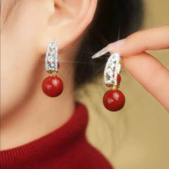 Bông Tai Khoen Giọt Nước Đính Đá Trắng Phối Hạt Trai Đỏ DO 2 Kiểu