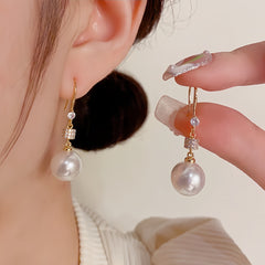 Bông Tai Tòn Teng 1 Hạt Trai Trắng Phối Shape Đá Trắng Dạng Móc