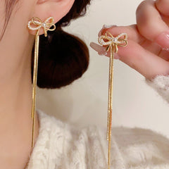 Bông Tai Tòn Teng Nơ Đính Đá Phối Hạt Trai Dáng Dài 2 Kiểu