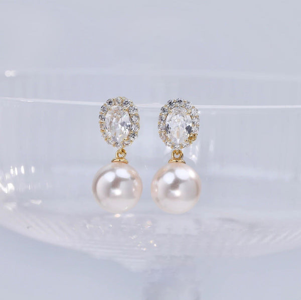 Bông Tai Tòn Teng Đá Oval 2 Màu Phối Hạt Trai Nữ Tính