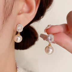 Bông Tai Tòn Teng Đá Oval 2 Màu Phối Hạt Trai Nữ Tính