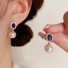 Bông Tai Tòn Teng Đá Oval 2 Màu Phối Hạt Trai Nữ Tính