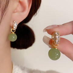 Bông Tai Khoen Đính Đá Trắng Phối 1 Hạt Đá Mắt Mèo Xanh Lá 2 Kiểu