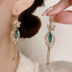 Bông Tai Tòn Teng Hình Lá Đá Xanh Phối Hoa Đá Dáng Dài