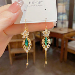 Bông Tai Tòn Teng Hình Lá Đá Xanh Phối Hoa Đá Dáng Dài