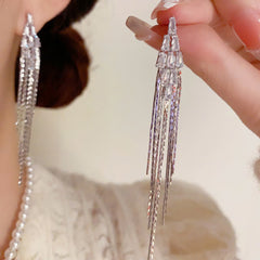 Bông Tai Tòn Teng Dáng Thoi Đính Đá Phối Tua Rua Dáng Dài 2 Màu