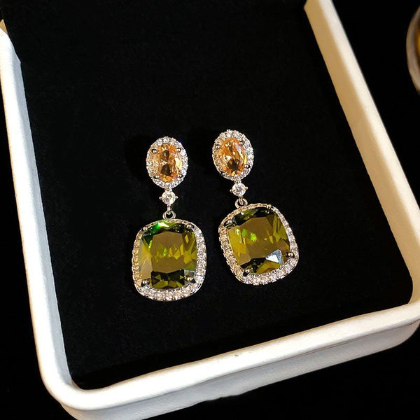 BÔNG TAI TÒN TENG OVAL CAM PHỐI VUÔNG XANH LỤC VIỀN ĐÁ TRẮNG SANG TRỌNG