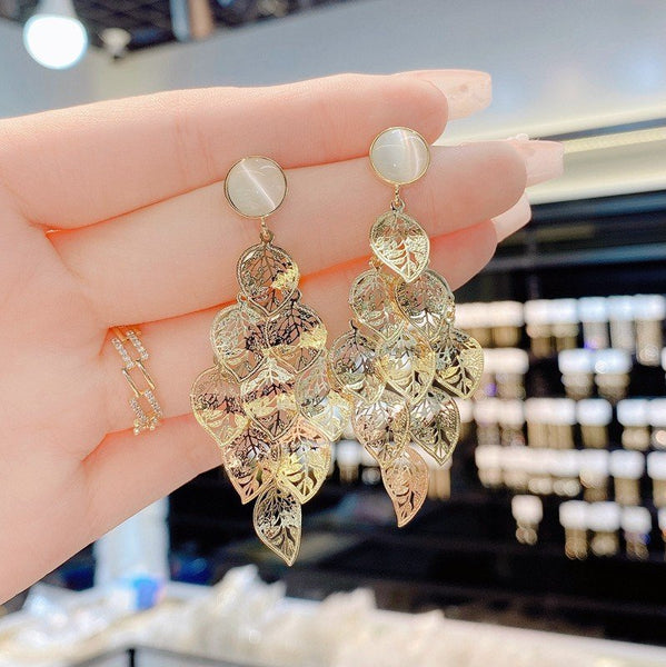 BÔNG TAI TÒN TENG DÁNG LÁ RƠI PHỐI 1 HẠT ĐÁ MẮT MÈO CAO CẤP