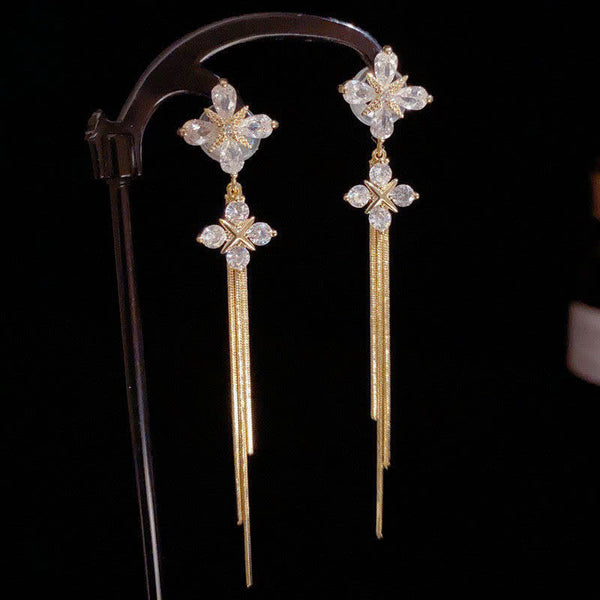 BÔNG TAI TÒN TENG HOA 4 CÁNH ĐÔI TUA RUA DÁNG RƠI