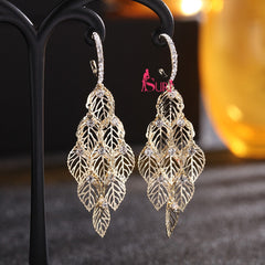 Bông Tai Khoen Tòn Teng Lá Vàng Xếp Tầng Đính Đá Sang Chảnh