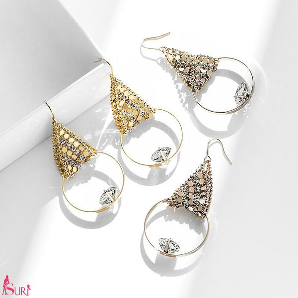 Bông Tai Tam Giác Lấp Lánh Khoen Tròn Đính Đá Dạng Móc