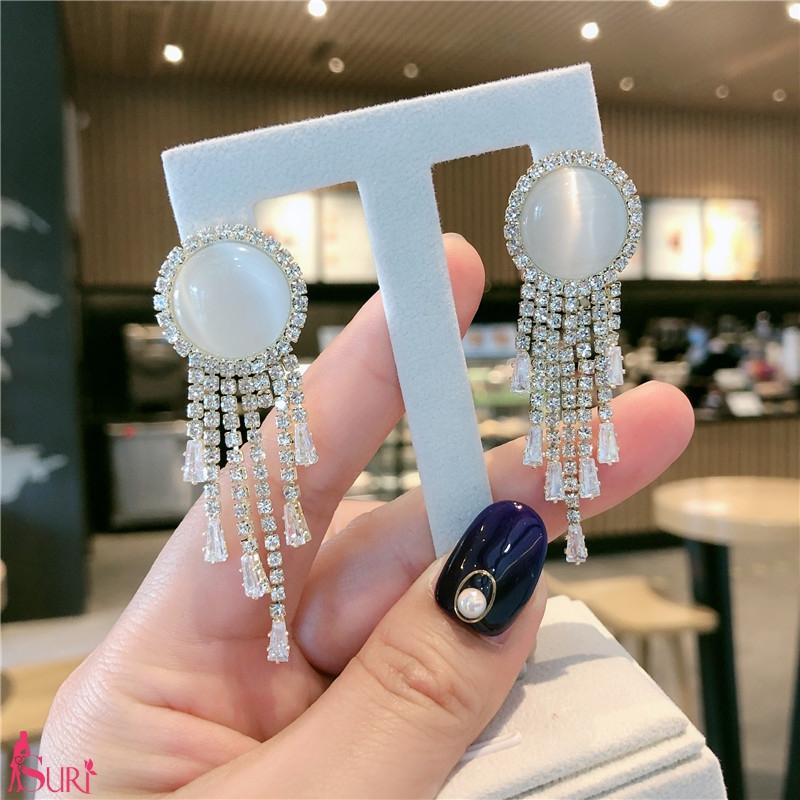 Bông Tai Tòn Teng Ngọc Trắng Tua Rua Đính Đá 5 Sợi