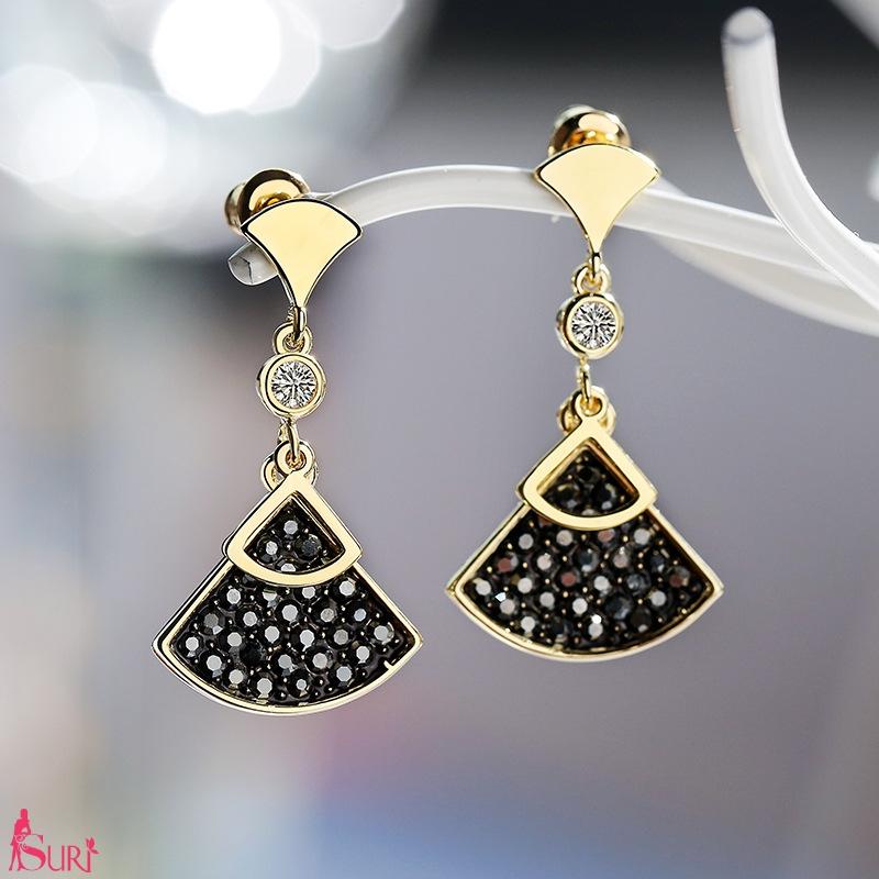 Bông Tai Tòn Teng Rẻ Quạt Nạm Đá Đen