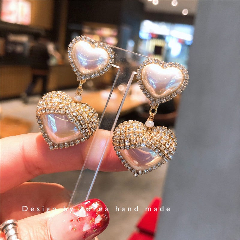 Bông Tai Trái Tim Đôi Ngọc Trai Đính Đá