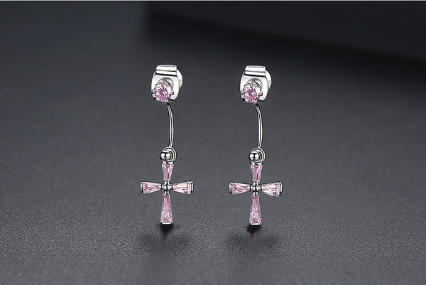 Bông tai tòn teng thánh giá đá hồng