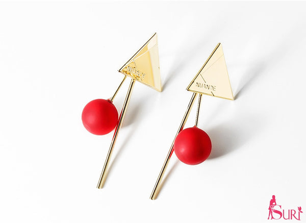 Bông tai tam giác vàng hạt châu đỏ