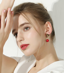 Bông tai tam giác vàng hạt châu đỏ