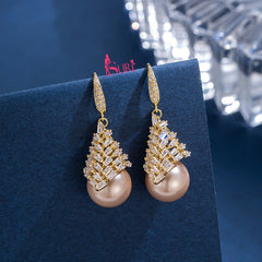 Bông Tai Tòn Teng Ngọc Trai Trắng Dạng Móc Phối Hình Thoi Đính Đá