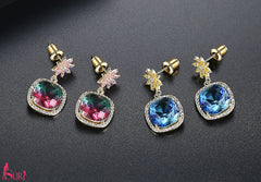 Bông Tai Đá Vuông Xanh Hoa Đá Vàng Nữ Tính