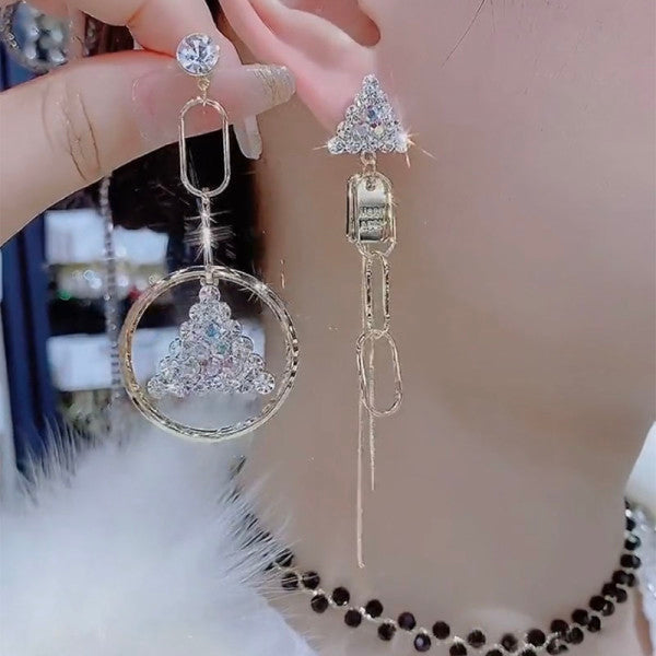 Bông Tai Bất Đối Xứng Tròn Tam Giác Đính Đá Trắng