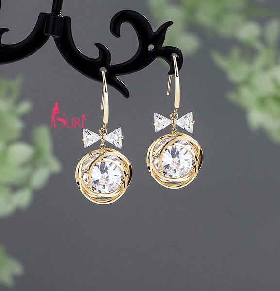 Bông Tai Tòn Teng Đính Nơ Phối Đá Tròn Xinh Xắn