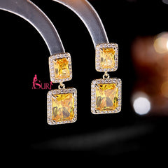 Bông Tai Tòn Teng 2 Hình Chữ Nhật Đá Màu Viền Đá Trắng Nhỏ Cao Cấp