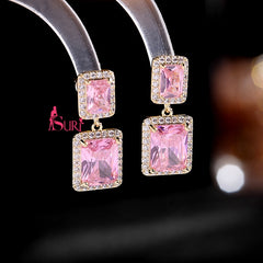 Bông Tai Tòn Teng 2 Hình Chữ Nhật Đá Màu Viền Đá Trắng Nhỏ Cao Cấp