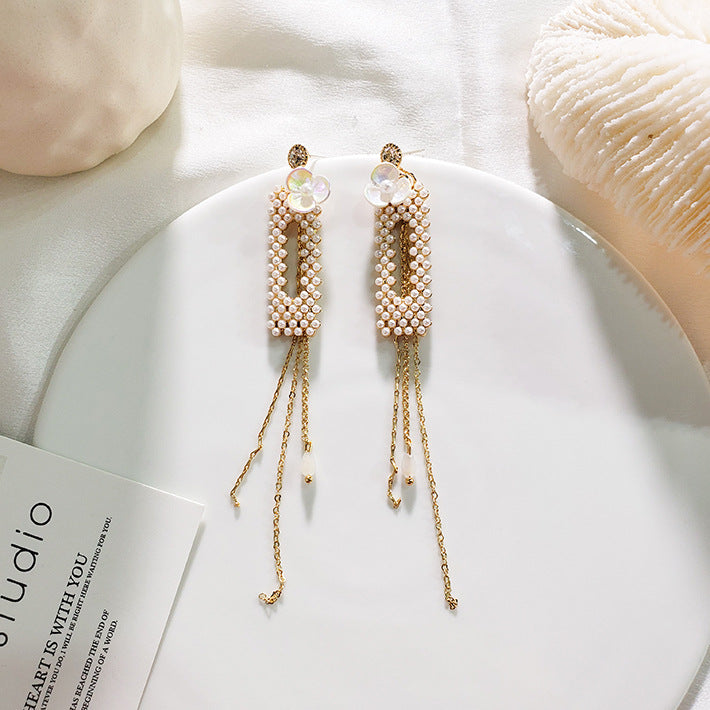 Bông Tai Tòn Teng Đính Ngọc Trai Hình Chữ Nhật