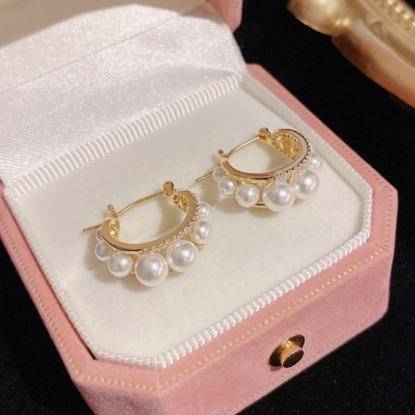 Bông Tai Khoen Tròn 1 Hàng Ngọc Trai Phối Viền Đá Nhỏ Xinh
